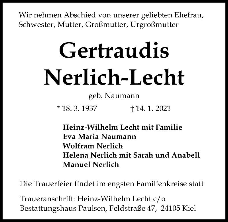  Traueranzeige für Gertraudis Nerlich-Lecht vom 23.01.2021 aus Cellesche Zeitung