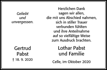 Traueranzeige von Gertrud Pabst von Cellesche Zeitung