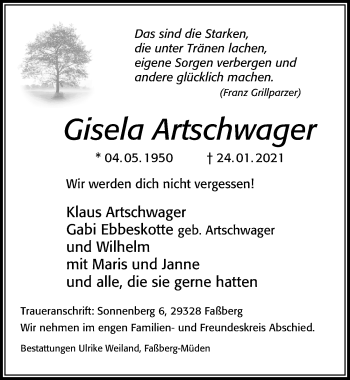 Traueranzeige von Gisela Artschwager von Cellesche Zeitung