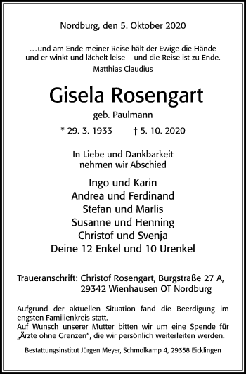 Traueranzeige von Gisela Rosengart von Cellesche Zeitung