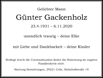 Traueranzeige von Günter Gackenholz von Cellesche Zeitung