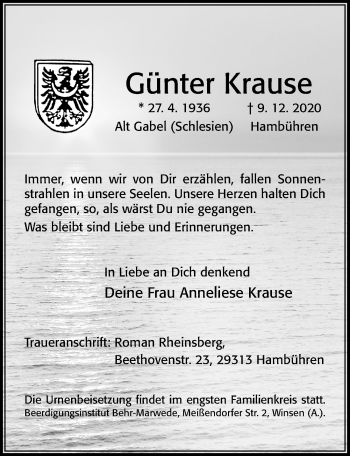 Traueranzeige von Günter Krause von Cellesche Zeitung