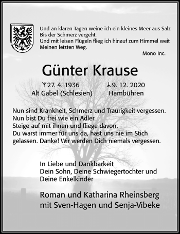 Traueranzeige von Günter Krause von Cellesche Zeitung