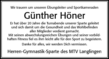 Traueranzeige von Günther Höner von Cellesche Zeitung