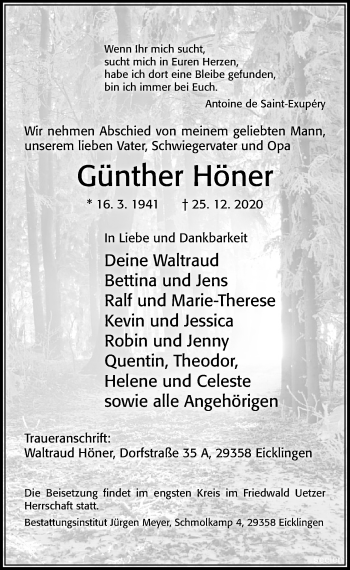 Traueranzeige von Günther Höner von Cellesche Zeitung