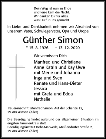 Traueranzeige von Günther Simon von Cellesche Zeitung