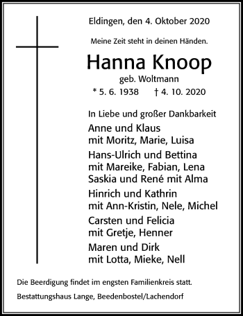 Traueranzeige von Hanna Knoop von Cellesche Zeitung