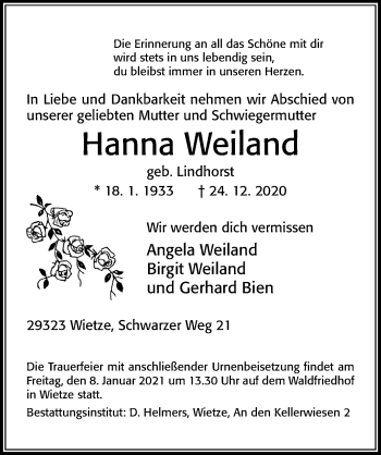Traueranzeige von Hanna Weiland von Cellesche Zeitung