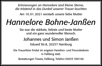 Traueranzeige von Hannelore Bohne-Janßen von Cellesche Zeitung