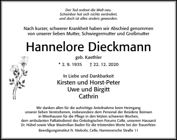 Traueranzeige von Hannelore Dieckmann von Cellesche Zeitung