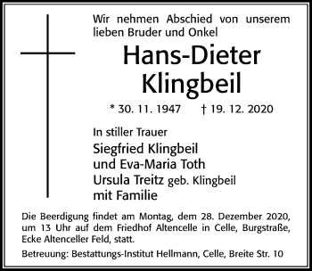 Traueranzeige von Hans-Dieter Klingbeil von Cellesche Zeitung