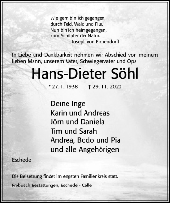 Traueranzeige von Hans-Dieter Söhl von Cellesche Zeitung
