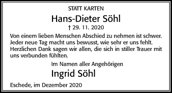 Traueranzeige von Hans-Dieter Söhl von Cellesche Zeitung
