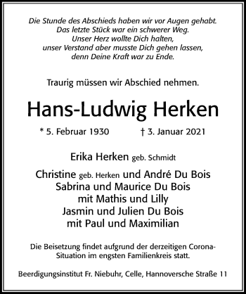 Traueranzeige von Hans-Ludwig Herken von Cellesche Zeitung