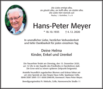 Traueranzeige von Hans-Peter Meyer von Cellesche Zeitung