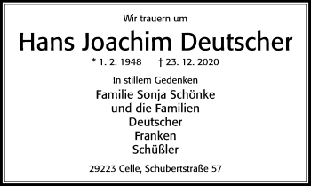 Traueranzeige von Hans Joachim Deutscher von Cellesche Zeitung