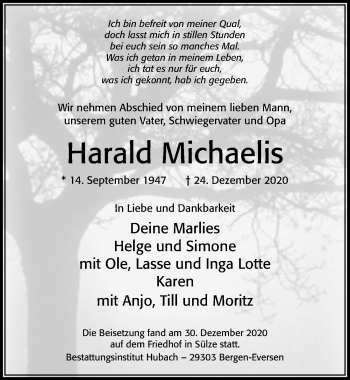 Traueranzeige von Harald Michaelis von Cellesche Zeitung