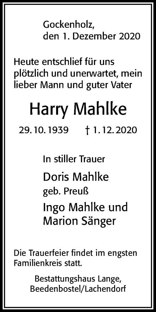  Traueranzeige für Harry Mahlke vom 05.12.2020 aus Cellesche Zeitung