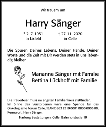 Traueranzeige von Harry Sänger von Cellesche Zeitung