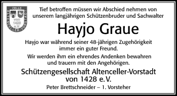Traueranzeige von Hayjo Graue von Cellesche Zeitung