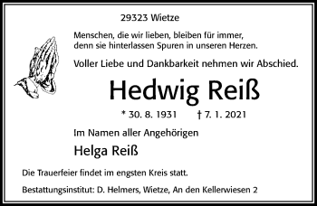 Traueranzeige von Hedwig Reiß von Cellesche Zeitung