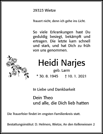 Traueranzeige von Heidi Narjes von Cellesche Zeitung