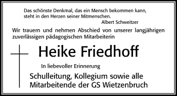 Traueranzeige von Heike Friedhoff von Cellesche Zeitung