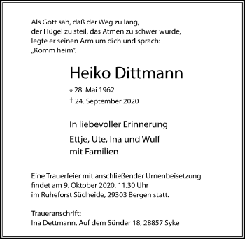 Traueranzeige von Heiko Dittmann von Cellesche Zeitung