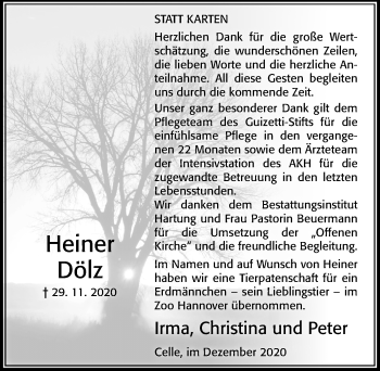 Traueranzeige von Heiner Dölz von Cellesche Zeitung