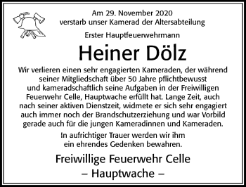 Traueranzeige von Heiner Dölz von Cellesche Zeitung