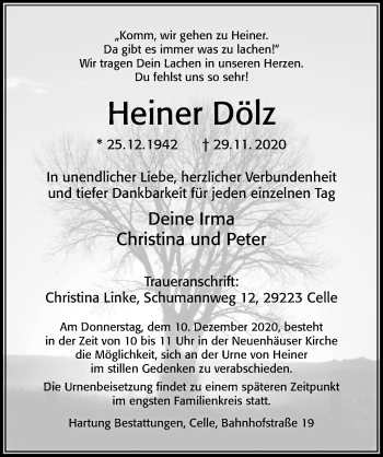 Traueranzeige von Heiner Dölz von Cellesche Zeitung