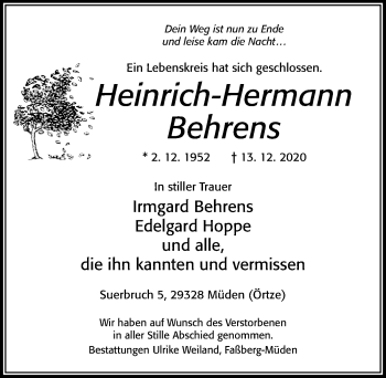 Traueranzeige von Heinrich-Hermann Behrens von Cellesche Zeitung