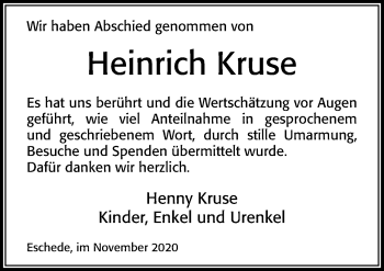 Traueranzeige von Heinrich Kruse von Cellesche Zeitung