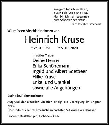 Traueranzeige von Heinrich Kruse von Cellesche Zeitung