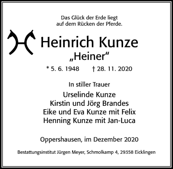 Traueranzeige von Heinrich Kunze von Cellesche Zeitung