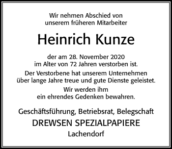 Traueranzeige von Heinrich Kunze von Cellesche Zeitung