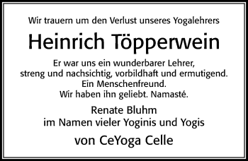 Traueranzeige von Heinrich Töpperwein von Cellesche Zeitung