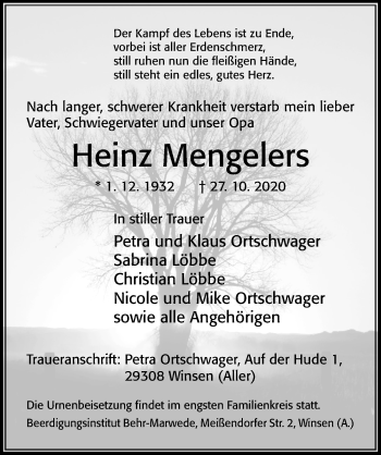 Traueranzeige von Heinz Mengelers von Cellesche Zeitung