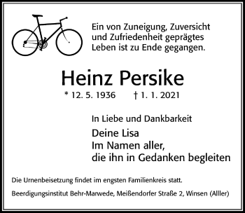 Traueranzeige von Heinz Persike von Cellesche Zeitung