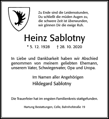 Traueranzeige von Heinz Sablotny von Cellesche Zeitung
