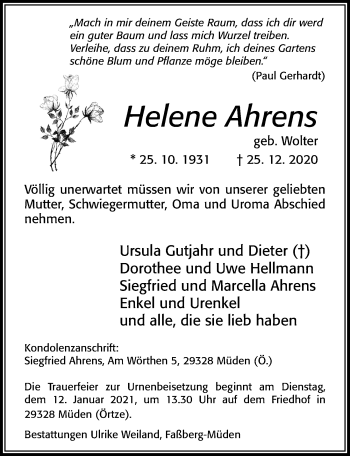 Traueranzeige von Helene Ahrens von Cellesche Zeitung