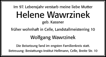 Traueranzeige von Helene Wawrzinek von Cellesche Zeitung