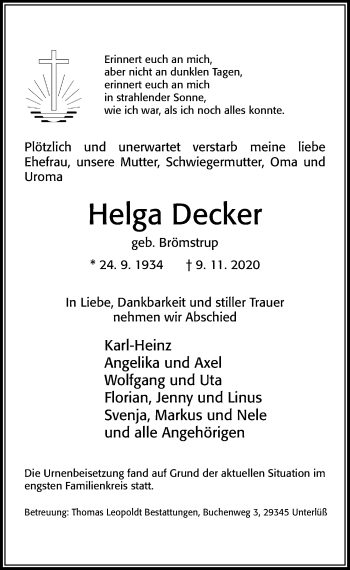 Traueranzeige von Helga Decker von Cellesche Zeitung