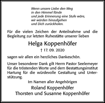 Traueranzeige von Helga Koppenhöfer von Cellesche Zeitung