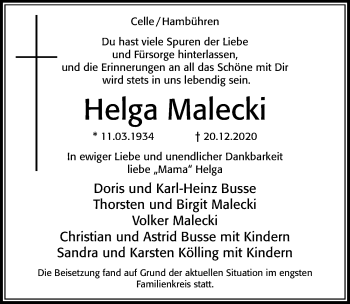 Traueranzeige von Helga Malecki von Cellesche Zeitung
