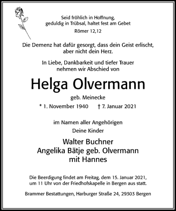 Traueranzeige von Helga Olvermann von Cellesche Zeitung