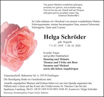 Traueranzeige von Helga Schröder von Cellesche Zeitung