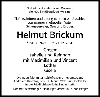 Traueranzeige von Helmut Brickum von Cellesche Zeitung