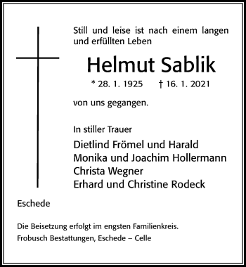 Traueranzeige von Helmut Sablik von Cellesche Zeitung