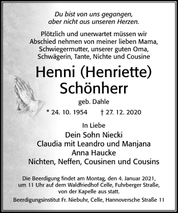 Traueranzeige von Henni Schönherr von Cellesche Zeitung